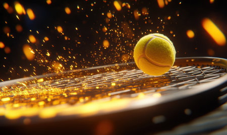 Tennis ball impacting racket, sparks flying, dark background; sports advertisingの素材