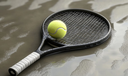 Tennis racket and ball in muddy water; outdoor sportの素材