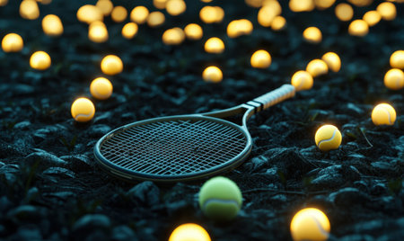 Tennis racket and balls at night, glowing background, sport conceptの素材