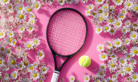 Tennis racket and ball on pink background surrounded by daisies; spring sports conceptの素材