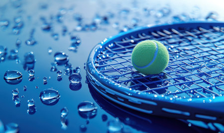 Wet tennis racket and ball on blue reflective surface; rain background; sport advertisementの素材