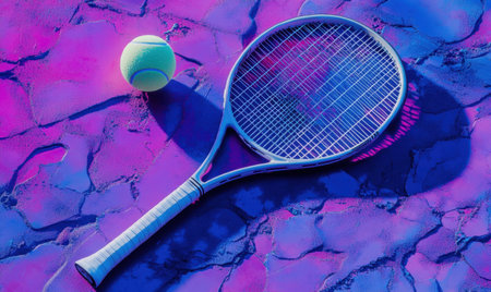 Tennis racket and ball on purple court,  ready for game, website headerの素材