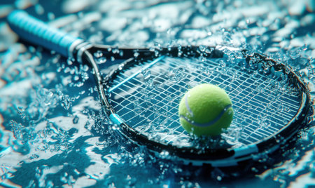 Tennis racket and ball splashing in water, refreshing summer sportの素材