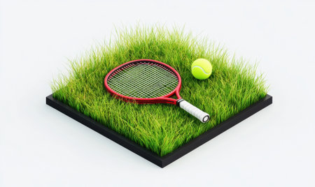 Tennis racket and ball on grass, isometric view, white background, sport illustrationの素材