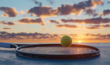 Tennis sunset beach; ball on racquet, ocean view; sport, leisure, vacationの素材