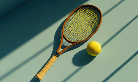 Vintage tennis racket and ball, sunlit studioの素材