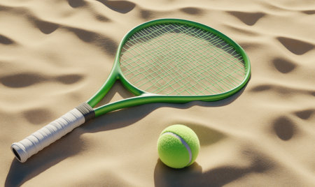 Tennis racket and ball on sandy beach, summer vacationの素材