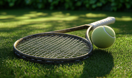Tennis racket and ball on grass, sunlight, outdoor sportの素材
