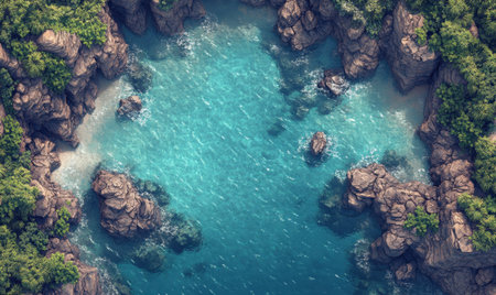 Aerial view of secluded tropical cove; turquoise water, rocky shores, lush greenery; ideal for travel brochuresの素材