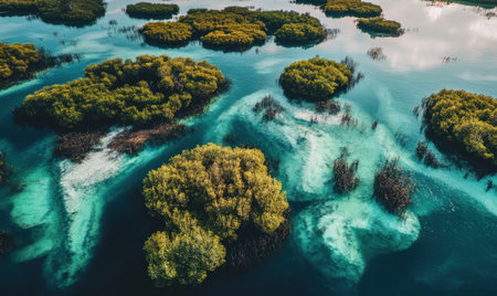 Aerial view of mangrove islands in turquoise waterの素材