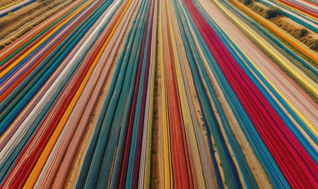 Aerial view of colorful flower rows in a field, vibrant spring bloom, background shows farmland, perfect for spring/nature themed designsの素材