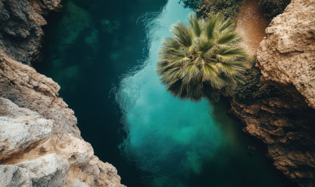 Aerial view of palm tree in turquoise cove, rocky cliffs, travel, natureの素材