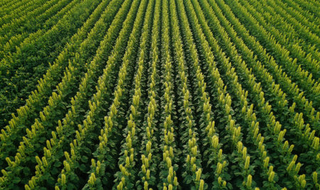 Aerial view of a vast green field, rows of crops, agricultural landscape, sunny day, farmingの素材