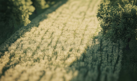 Sunlit wheat field, rural landscape, summer, aerial view, agricultureの素材
