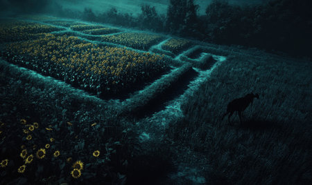 Nighttime Sunflower Maze, Dog Walking, Rural Landscape, Mystery, Stock Photoの素材