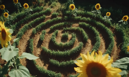 Aerial view of spiral sunflower mazeの素材