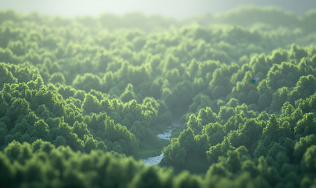 Lush green forest, river flowing, misty morning, aerial view, nature backgroundの素材