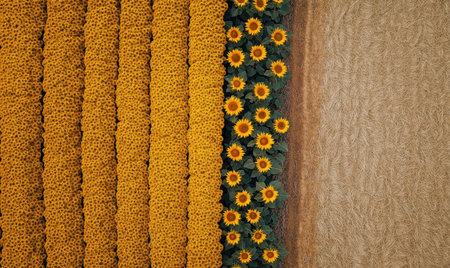 Aerial view of sunflowers and wheat fieldの素材