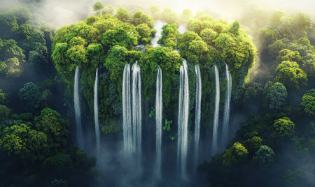 Lush island waterfalls, misty rainforest, aerial view, nature background, eco tourismの素材