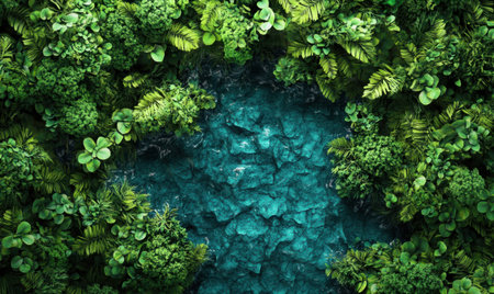 Lush greenery surrounds a teal pool; aerial view, nature background, ideal for eco-themed designsの素材