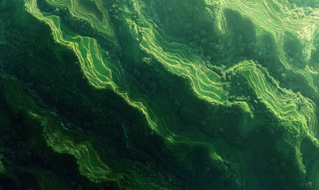 Lush green hillside terraced farmland aerial viewの素材