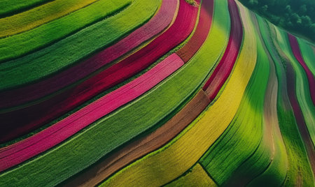 Colorful terraced fields, aerial view, rural landscape, agriculture, springtimeの素材