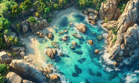 Secluded cove beach, turquoise water, tropical paradise, aerial view, vacationの素材