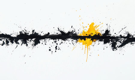 Abstract black and yellow ink splatters on white; art backgroundの素材