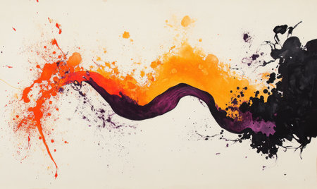 Abstract orange, purple, black paint splash; dynamic flow; cream background; modern art; website bannerの素材