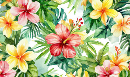 Watercolor hibiscus and plumeria tropical flower pattern, fabric printの素材