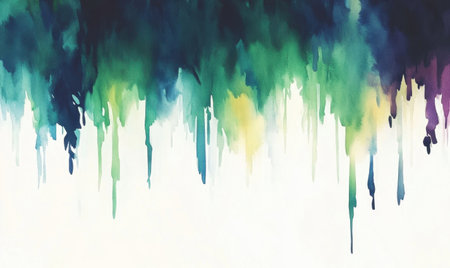 Abstract watercolor drips, green blue shades, white background, design elementの素材