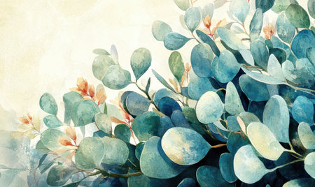 Watercolor eucalyptus leaves, botanical art,  light background, home decorの素材