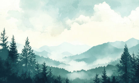 Misty mountain landscape, serene forest view, peaceful nature scene, ideal for calming decorの素材
