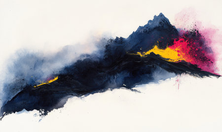 Abstract landscape painting, vibrant colors, mountains, mist, art printの素材
