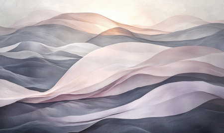 Abstract pastel hills landscape, soft flowing fabric, sunrise, serene background, home decorの素材