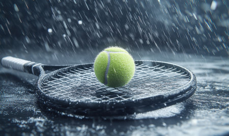Tennis ball and racket in rain; outdoor court,  sports game postponementの素材
