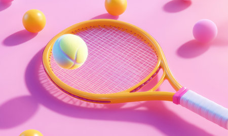 Tennis racket and balls on pink background; playful sports concept; website bannerの素材