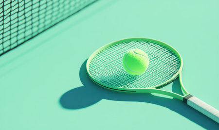 Tennis racket and ball on court, sunny day, sportの素材