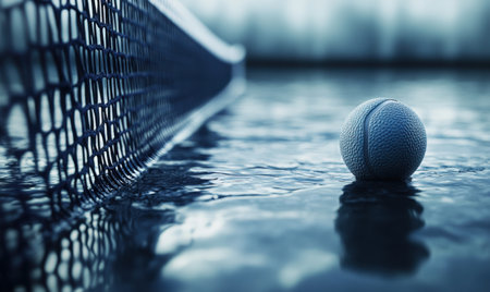Flooded tennis court, ball near net, winter, gloomyの素材