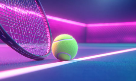 Tennis ball and racquet on court, neon lights, night game, sportの素材