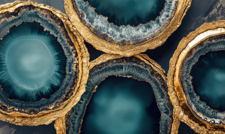 Teal and gold agate coasters, close-up,  dark background, home decorの素材