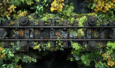 Overgrown railway bridge, autumn leaves, stream below; nature reclaiming infrastructure; environmental artworkの素材