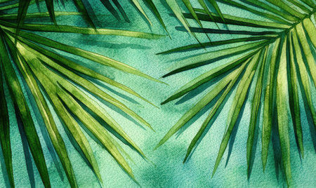 Lush green palm fronds, tropical background, summer vacation, nature textureの素材