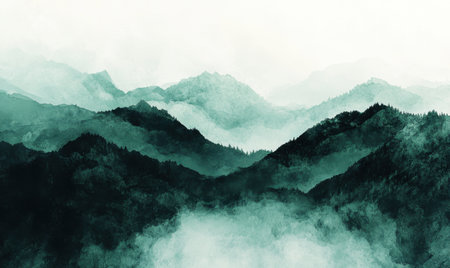 Misty mountain range, serene landscape, peaceful atmosphere, ideal for nature postersの素材