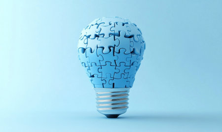 Blue puzzle lightbulb idea solution concept.  Background  plain blue. Use website, presentationの素材