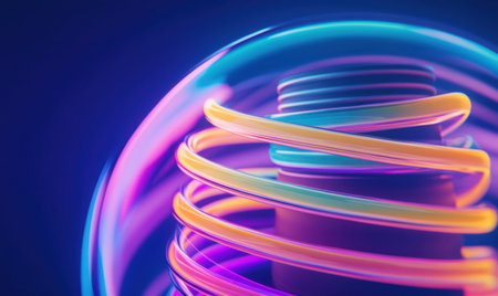 Abstract neon spirals, glowing orb, dark background, futuristic design, website bannerの素材