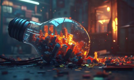 Burning city miniature inside lightbulb, urban decay background; concept artの素材