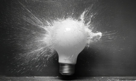 Exploding lightbulb; innovative idea; dark background; studio shot; concept imageの素材