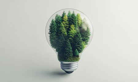 Forest inside lightbulb; eco-friendly energy; nature; white background; environmental conceptの素材