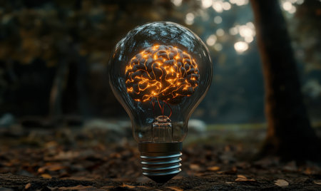 Glowing brain inside lightbulb in forest; nature, idea, innovation concept; website bannerの素材
